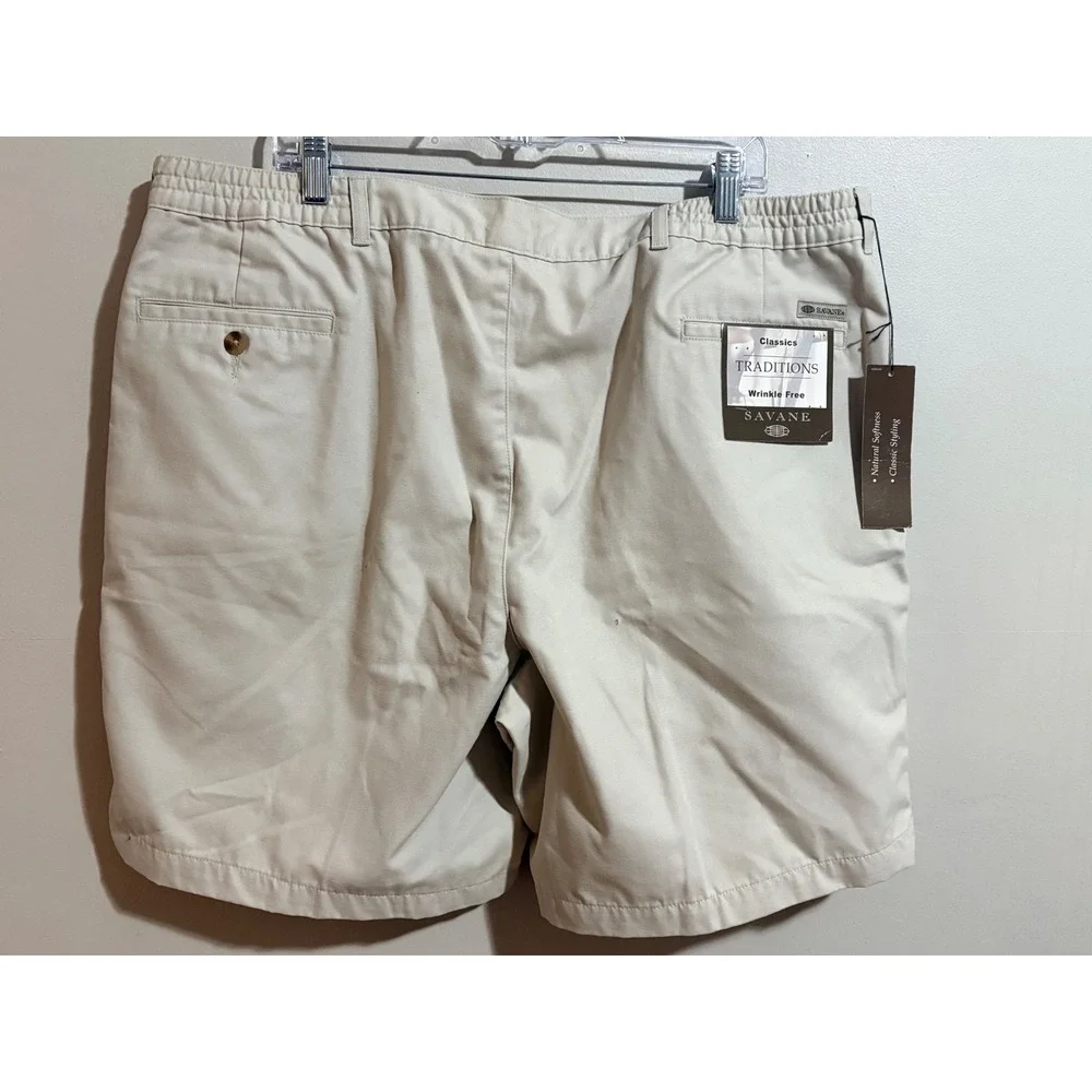 Savane Pleated Chino Shorts Mens 42 Khaki NWT Wrinkle Free Cotton Traditions